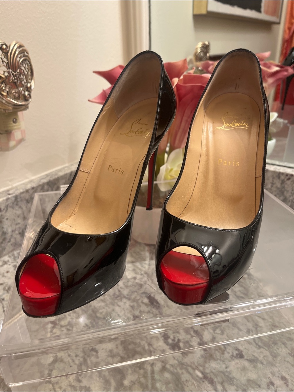 Christian Louboutin Black Patent Peep-Toe Pumps with Red Platform